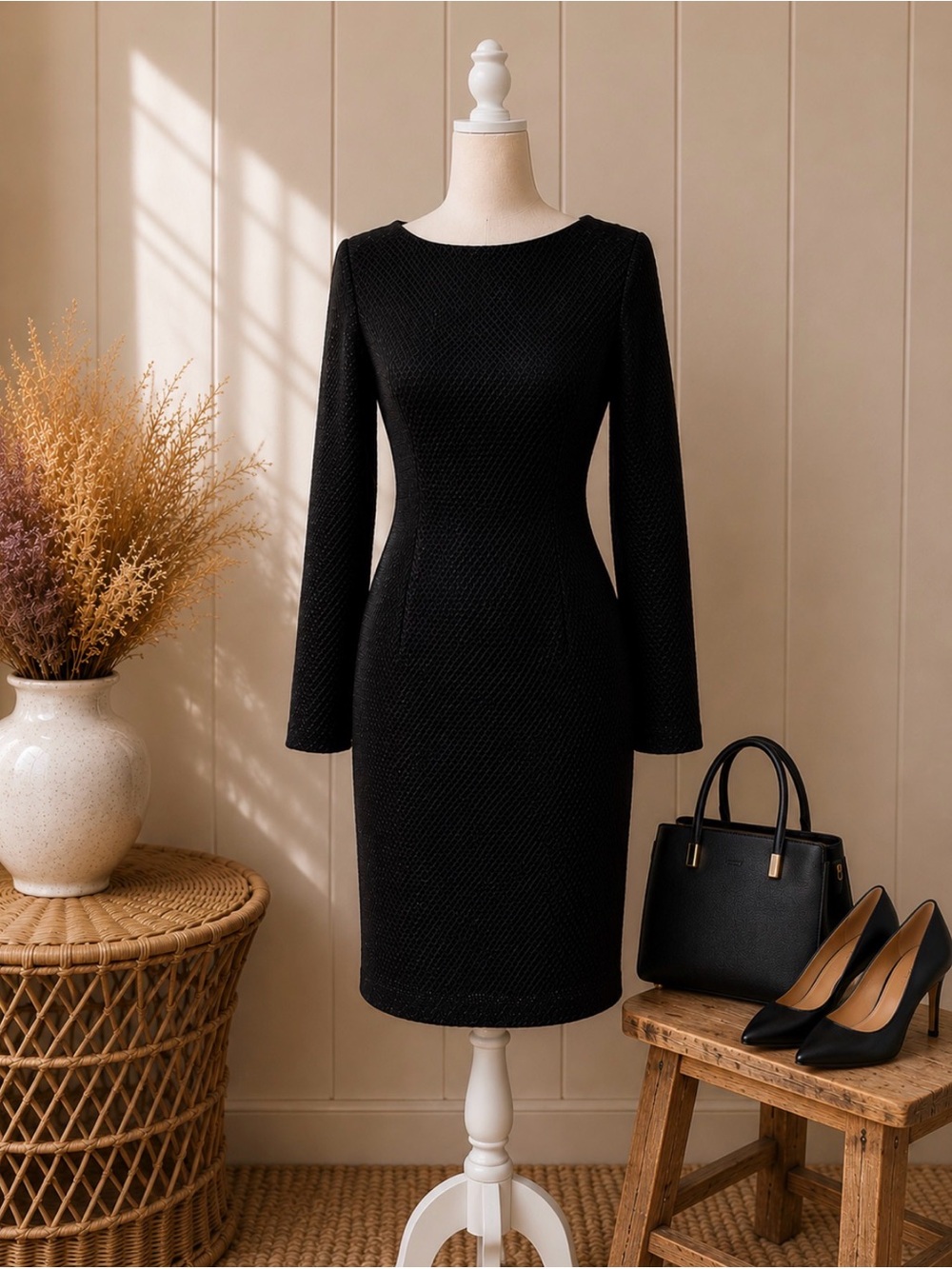 NWT Isaac Mizrahi Black Textured Knit Long Sleeve Midi Dress Size M